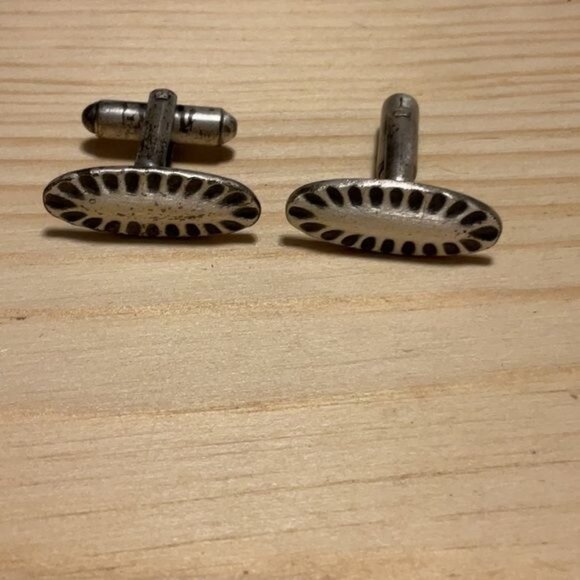 Silver Tone Oval Cufflinks With Black Strips For Men - Picture 3 of 5